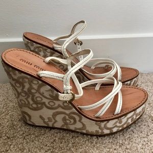 MIU MIU White & Beige Floral Platform Wedge